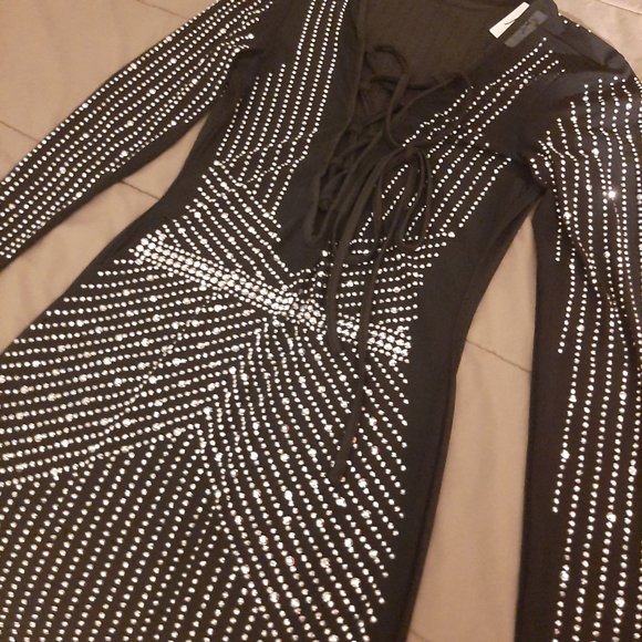 Black See- through Sequin Diamond Mini Dress - Picture 2 of 3